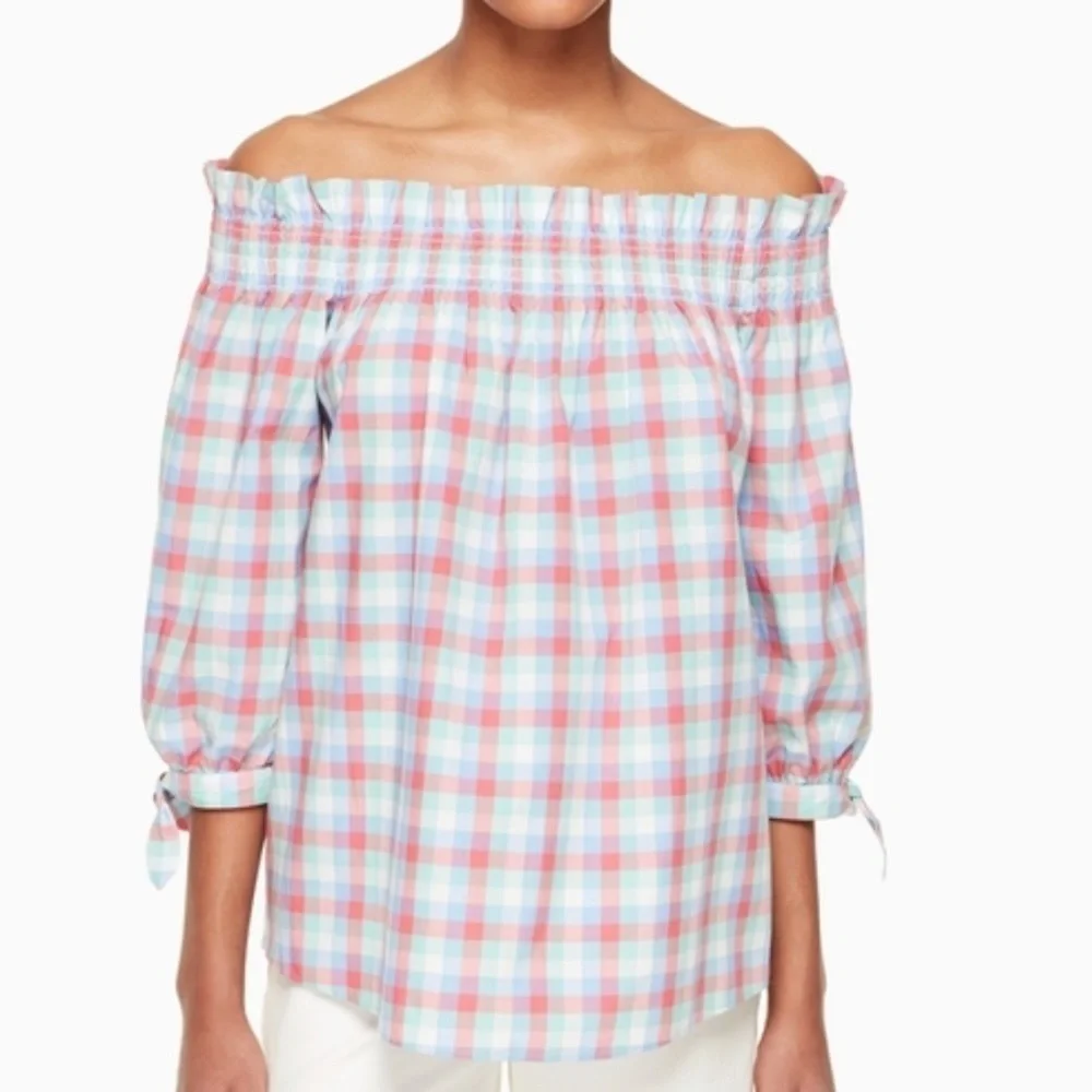 Kate Spade Madras Off Shoulder Top Blouse 3/4 Sleeve Pink Blue Gingham XXS